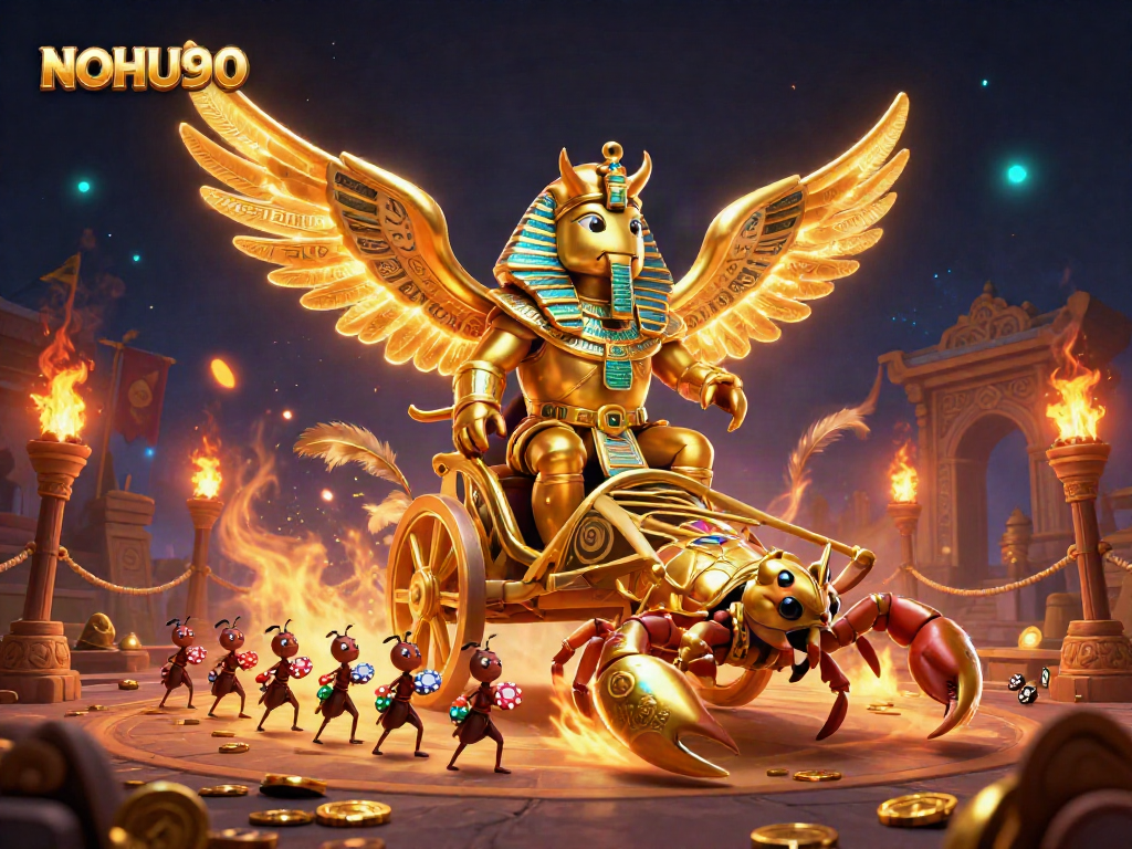 Engage in thrilling gameplay with NOHU90's vibrant 3D illustration featuring a golden scarab beetle and dynamic casino elements.