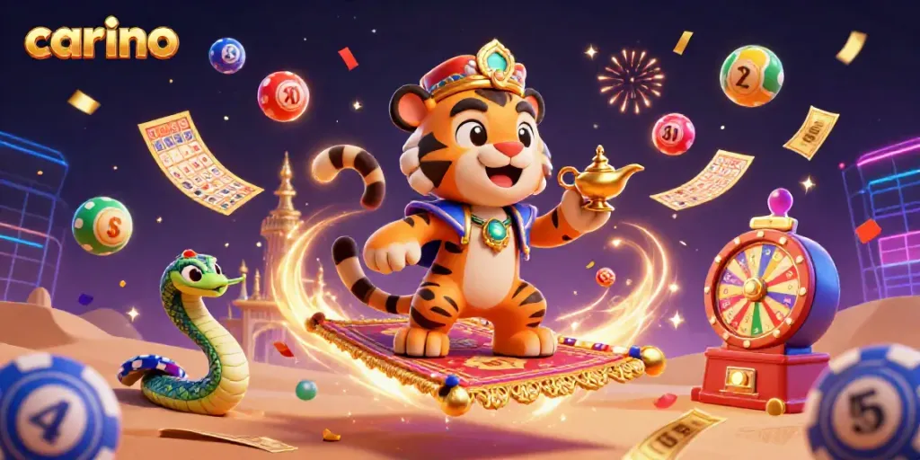Experience the excitement of carino games with a vibrant illustration featuring a tiger sultan and lottery elements.