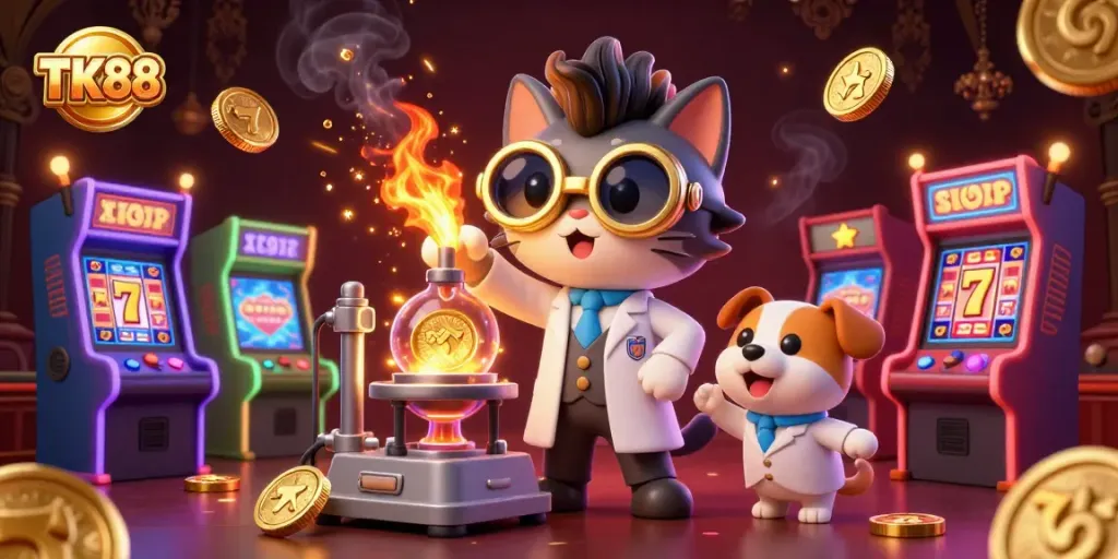 Win big with TK88 at the vibrant casino scene featuring a mad scientist cat and golden elements.