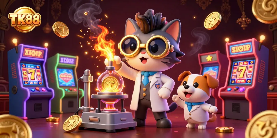 Win big with TK88 at the vibrant casino scene featuring a mad scientist cat and golden elements.