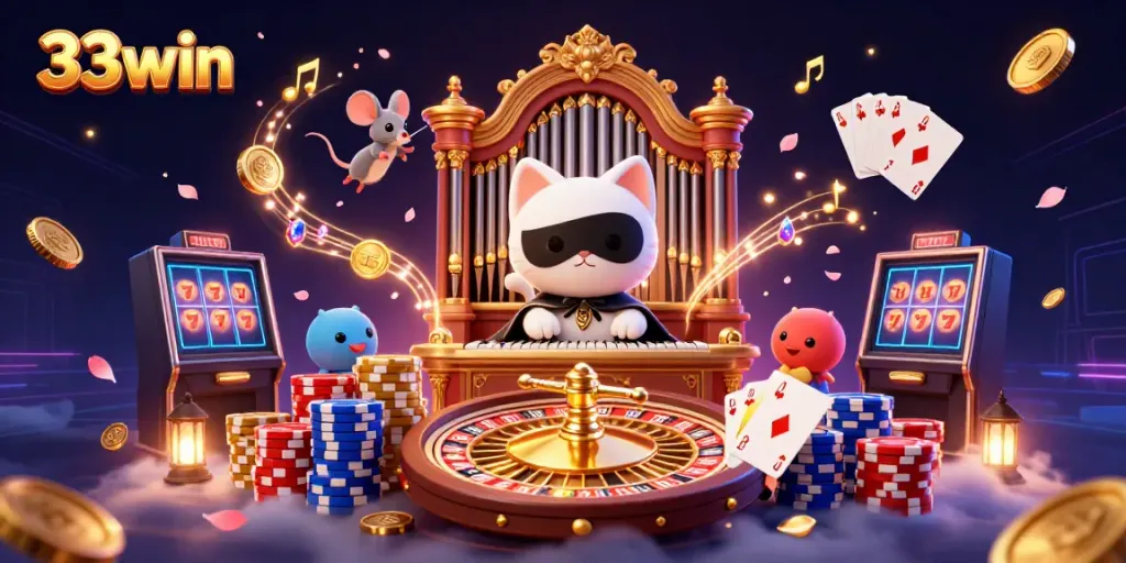 Engage with 33win at the lively casino with a captivating cat playing organ amidst sparkling elements.