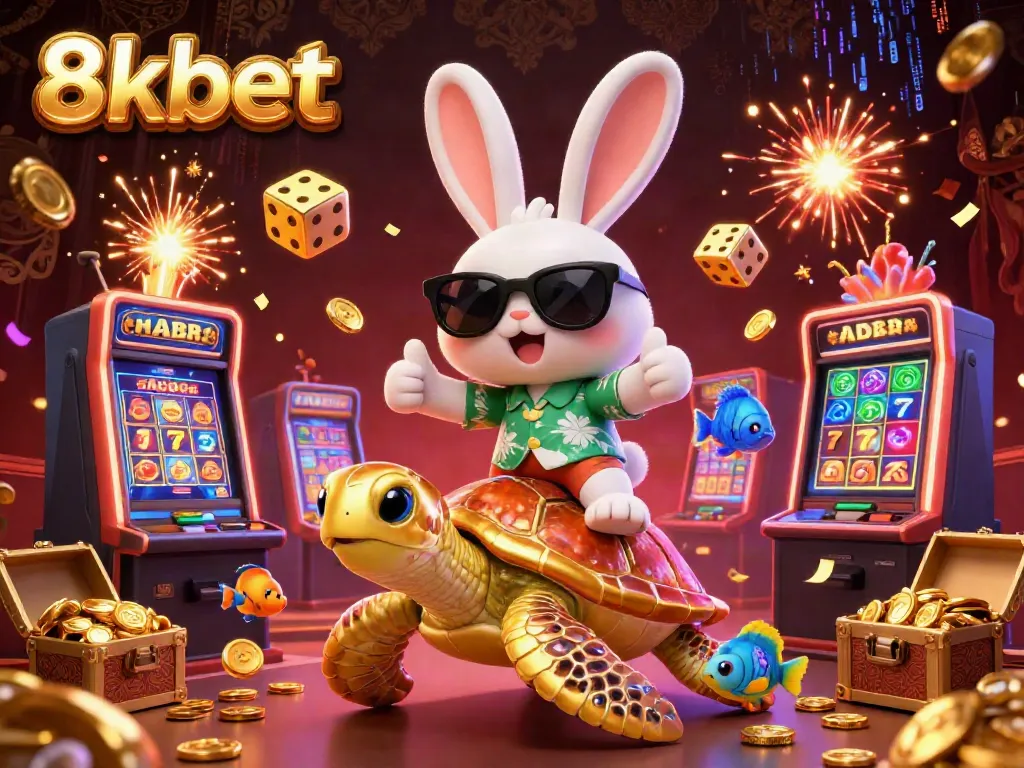 Experience thrilling wins with 8xbet illustrated by a lucky rabbit and golden sea turtle in a vibrant casino scene.