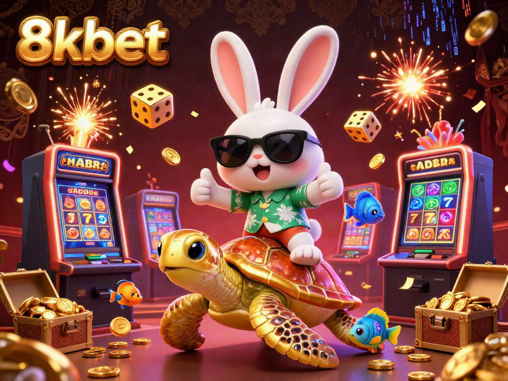 Experience thrilling wins with 8xbet illustrated by a lucky rabbit and golden sea turtle in a vibrant casino scene.