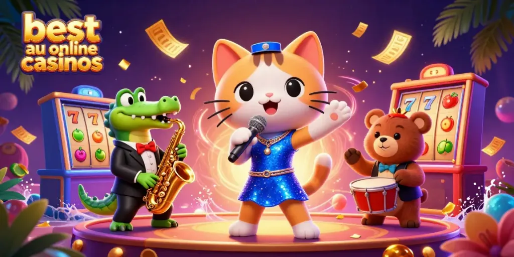 Joyful characters celebrating at the best AU online casinos scene, featuring lively casino elements.