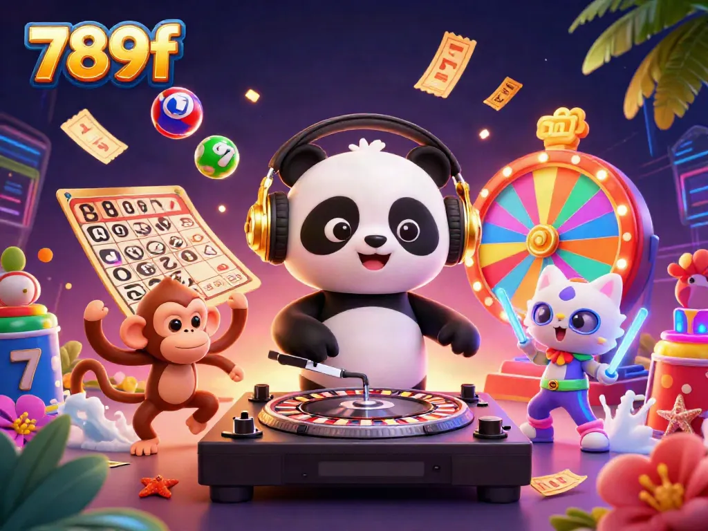 Engage with 789f's vibrant casino scene featuring characters in a lively party setting with slots and lottery elements.