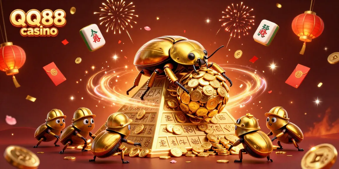 Experience the excitement at QQ88 casino with golden beetles rolling coins and festive imagery.