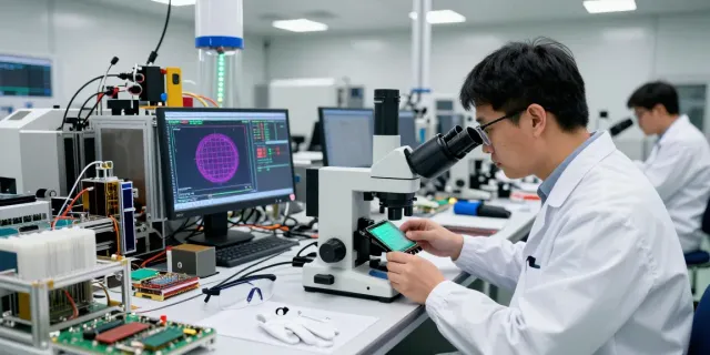 Proses pembuatan semikonduktor di https://www.oe-semiconductor.com/index2.html dengan insinyur memeriksa wafer silicon di lingkungan bersih dan modern.