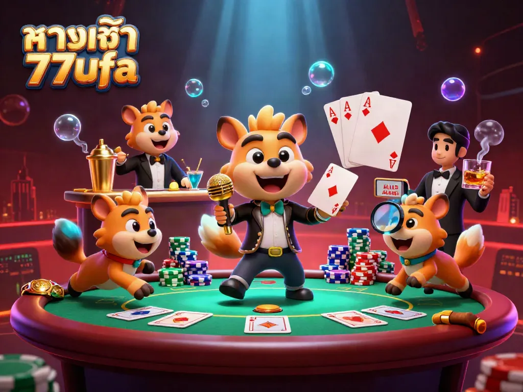 Experience the fun at ทางเข้า 77ufa with a comedic hyena casino club scene featuring vibrant games and engaging characters.
