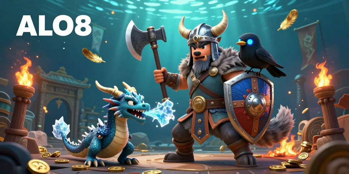 Experience thrilling ALO8 gaming with a Viking warrior, dragon, and raven in an intricate casino-themed arena.