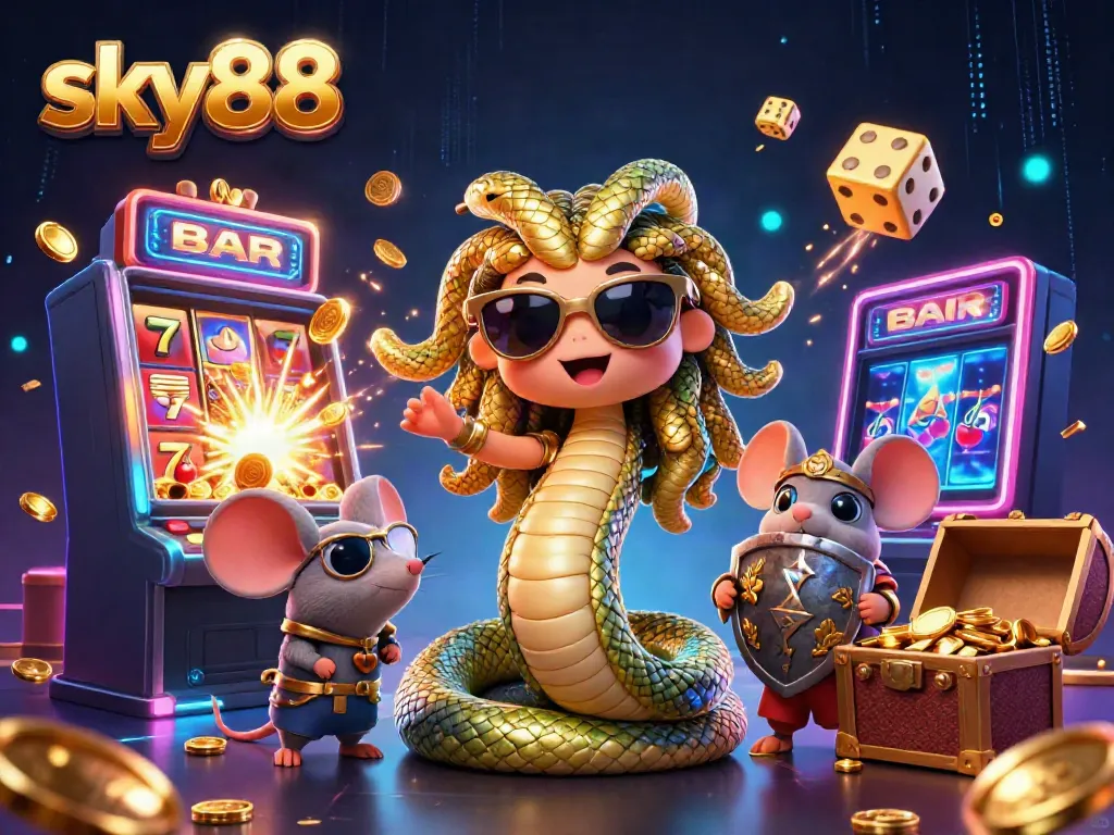 Experience the vibrant world of sky88 with a playful Greek Medusa and lucky gaming elements.