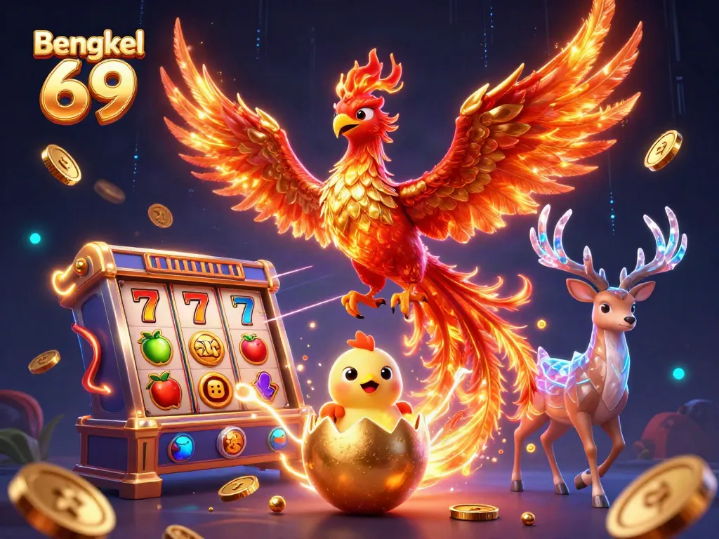 Bengkel 69 showcases a stunning illustration of a fiery phoenix soaring over slot machine icons, embodying thrilling gameplay.