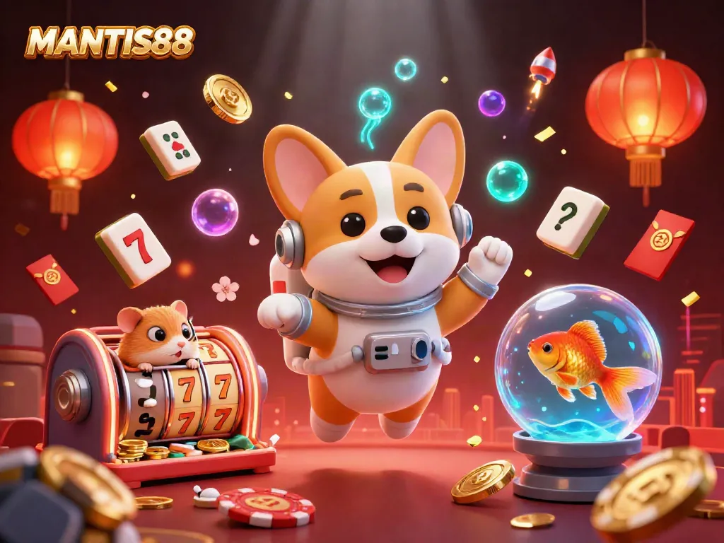 MANTIS88 casino-themed illustration featuring a 3D cartoon astronaut corgi, mission-control hamster, and goldfish in a vibrant casino setting.