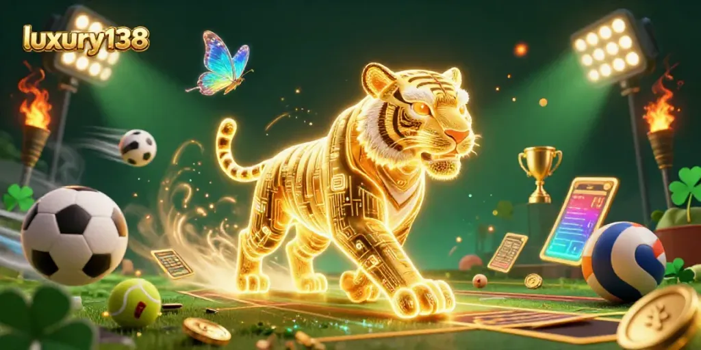 Experience thrilling gameplay at luxury138 with an energetic digital casino scene brimming with sports elements.