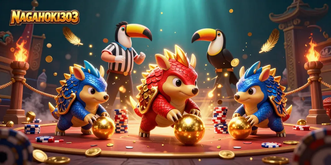 Rival pangolins beraksi dalam NAGAHOKI303, melempar bola emas di antara tumpukan chip poker.