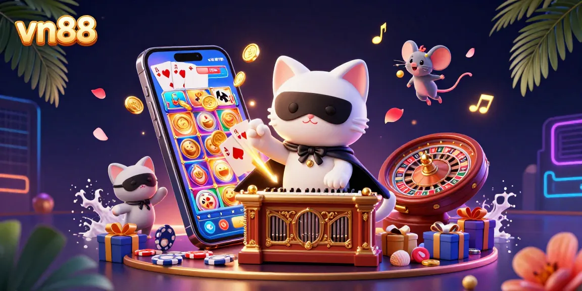 Engage with vn88's vibrant casino scene filled with playful characters, dynamic games, and rich details.