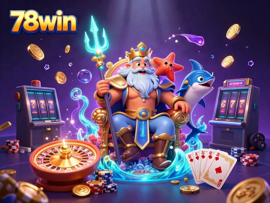 Jackpot excitement at 78win as Neptune celebrates by the roulette wheel, surrounded by treasures