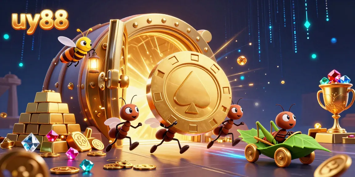 Experience the excitement of uy88 with this vibrant scene of ants escaping with a giant poker chip.