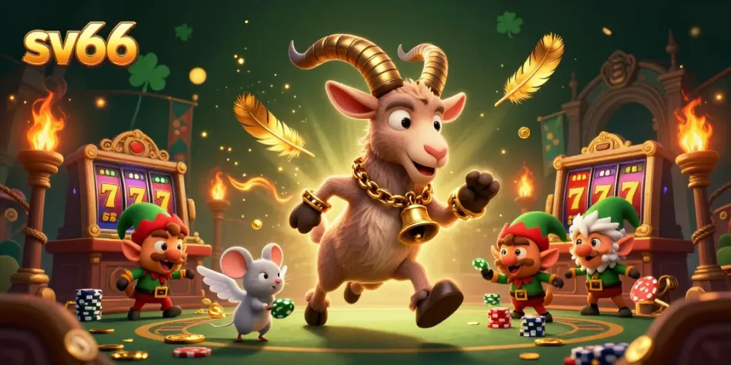 Engage in thrilling casino action with sv66's festive Krampus goat and lively characters stealing poker chips.