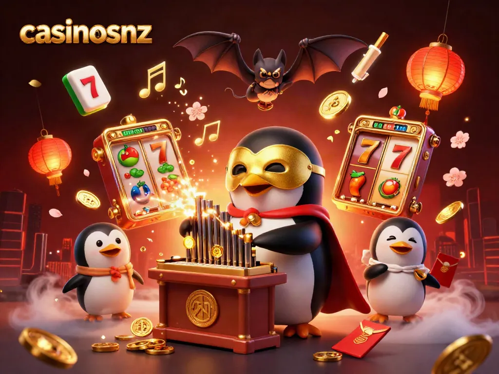 Play thrilling slots at casinosnz with a whimsical penguin organist and festive casino elements.