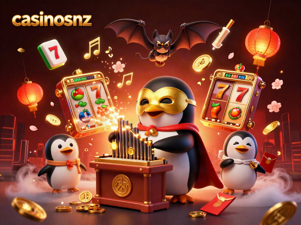 Play thrilling slots at casinosnz with a whimsical penguin organist and festive casino elements.