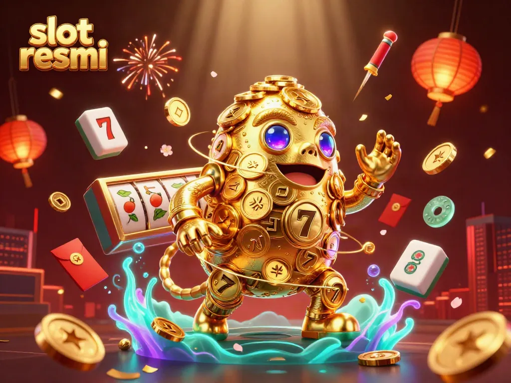 Experience the thrill with slot resmi as the golden golem dances amidst dynamic casino elements in vibrant 3D illustration.