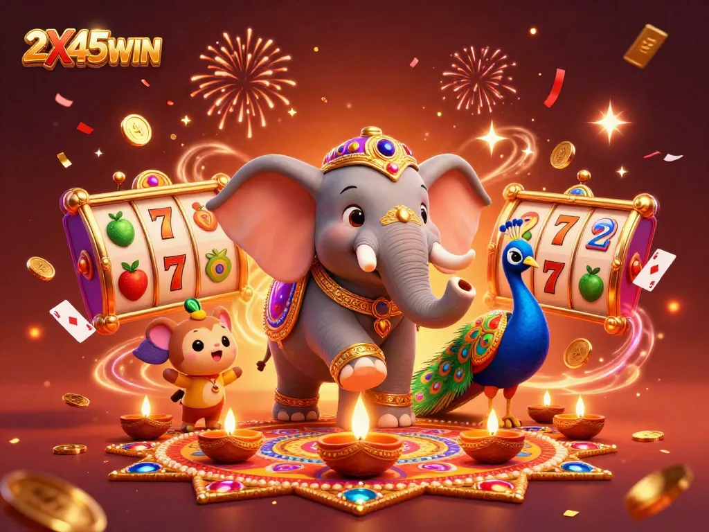 Permainan slot 2X45WIN dengan karakter gajah dan merak dalam suasana meriah.