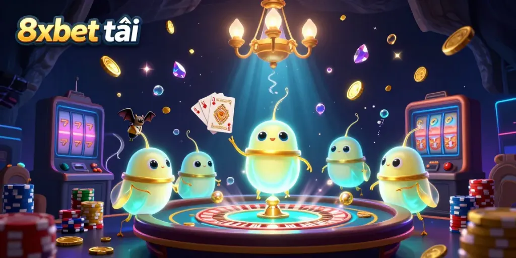Experience the excitement of 8xbet tải with vibrant casino elements and animated glowworms in a lively setup.