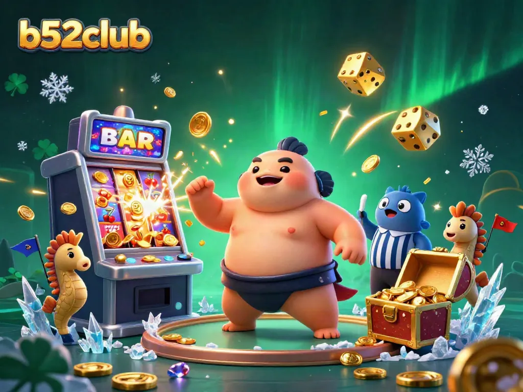 Engage with the vibrant b52club gaming scene featuring a joyful blowfish in a sumo belt, referee, and treasures.