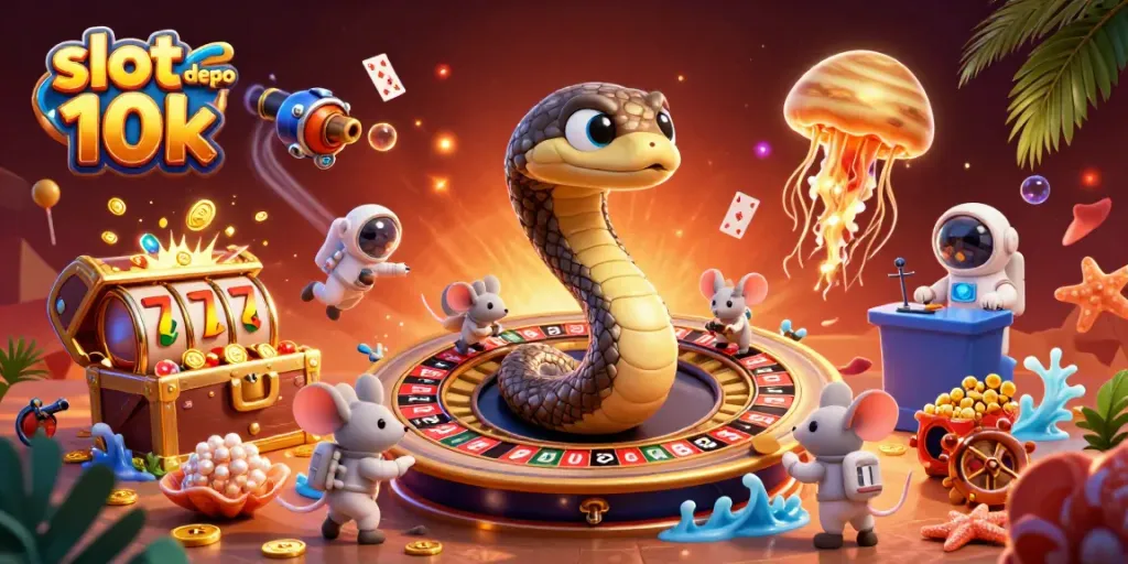 Place bets on slot depo 10k in this vibrant 3D cartoon casino scene with swirling elements.