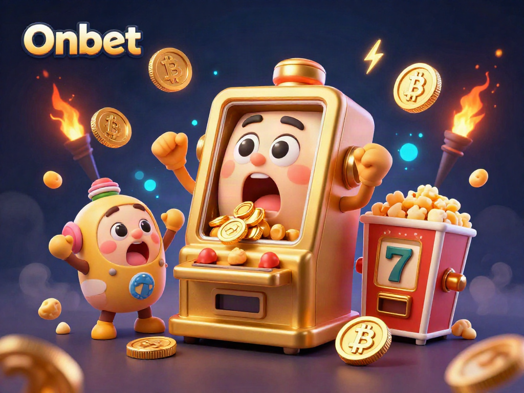 Engaging illustration of Onbet's golden slot machine celebrating a jackpot, surrounded by cheering baby machines.