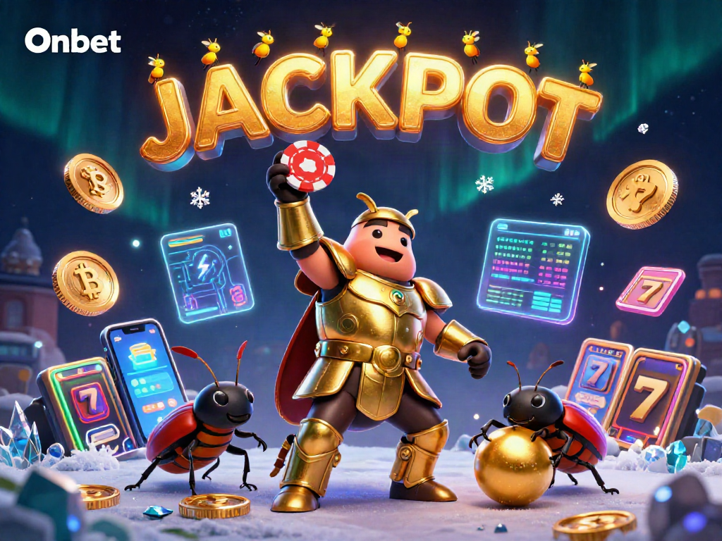 Engage with Onbet's thrilling poker experience depicted through dynamic 3D illustration featuring vibrant characters and crypto elements.