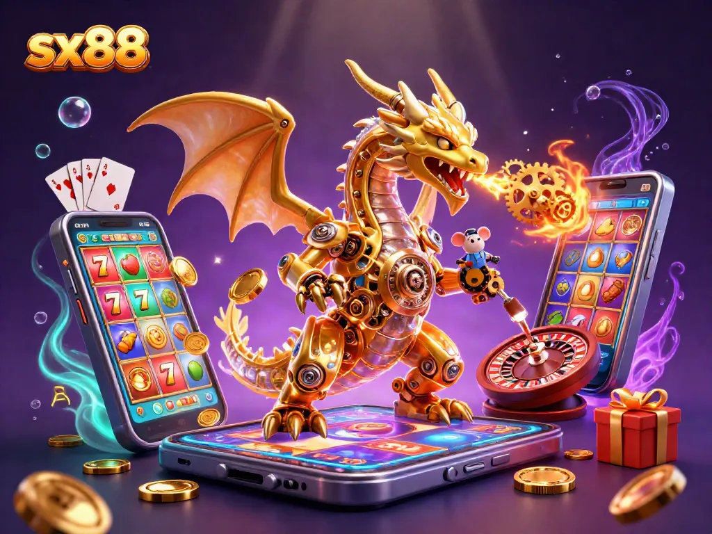 Experience the thrill of sx88 with a vibrant 3D illustration of a golden dragon amid dynamic casino elements.