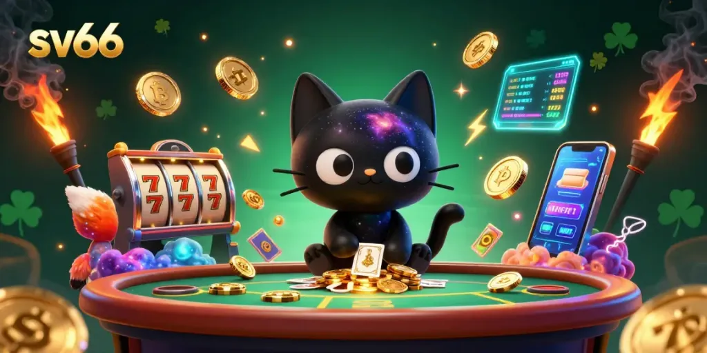 Engage sv66 players with a vibrant cosmic casino scene featuring a black hole cat and a colorful nebula fox.