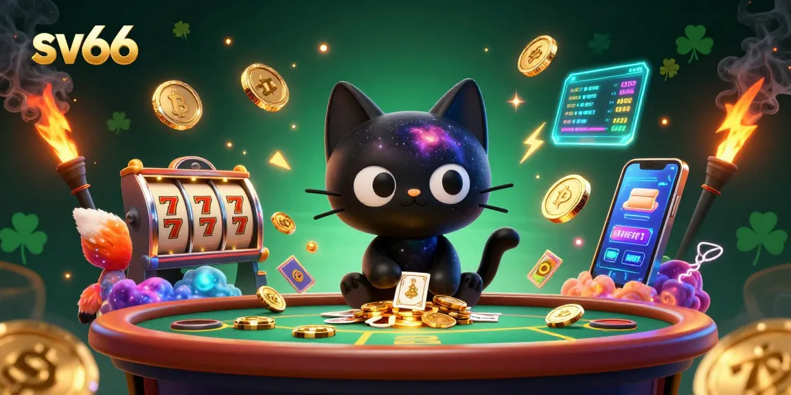 Engage sv66 players with a vibrant cosmic casino scene featuring a black hole cat and a colorful nebula fox.