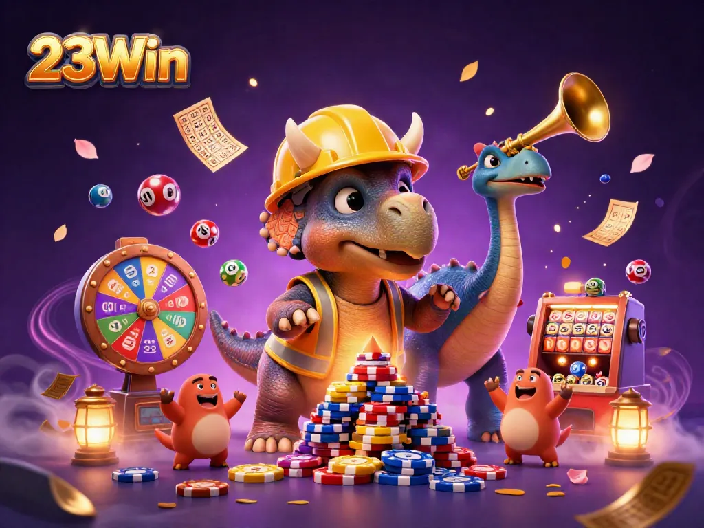Engage with 23Win at a vibrant casino scene featuring a triceratops building poker chip towers amidst colorful lottery elements.