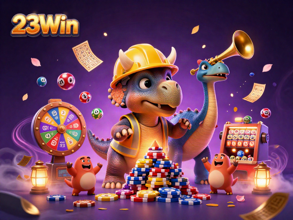 Engage with 23Win at a vibrant casino scene featuring a triceratops building poker chip towers amidst colorful lottery elements.