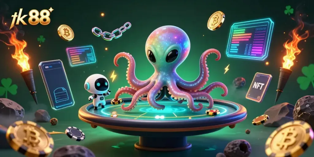 Experience excitement at tk 88 with an alien octopus and robot at a holographic poker table.