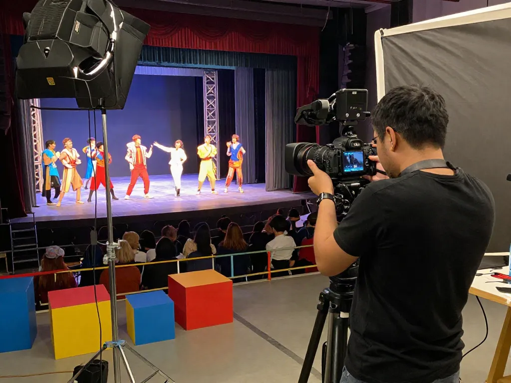 Profesional fotografi nusa88 saat memotret pertunjukan teater dengan peralatan modern dan suasana yang hidup
