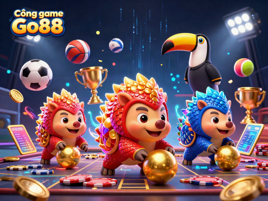 Cổng game Go88 shows rival pangolins bowling through poker chips, capturing the casino atmosphere.