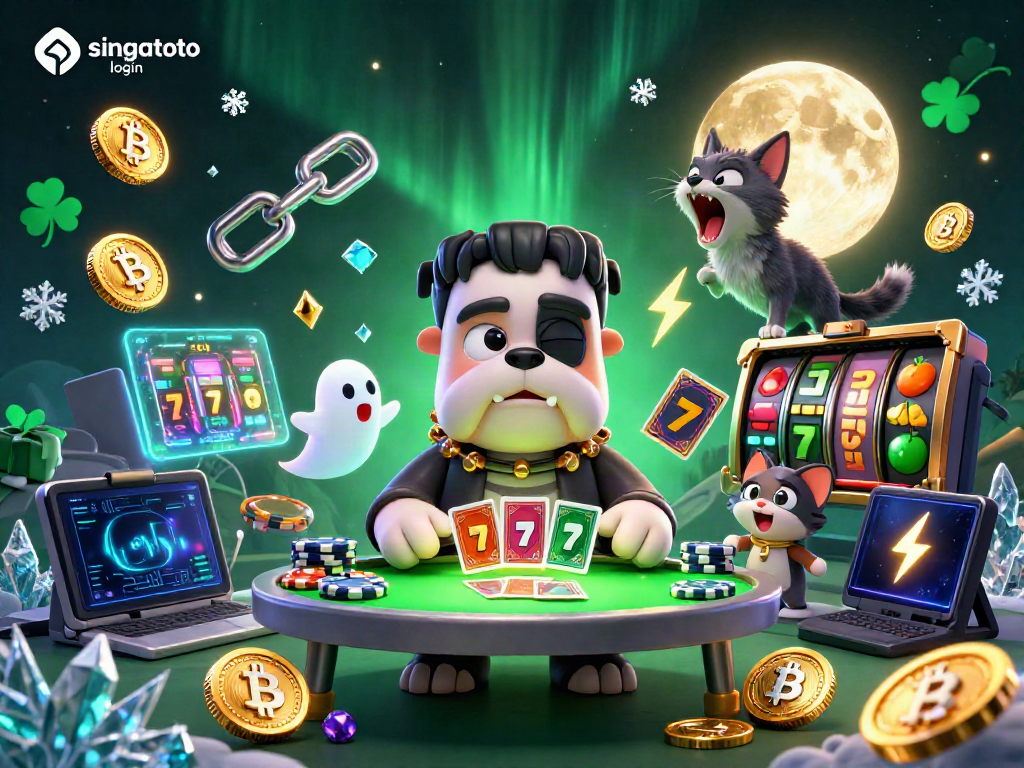 Engage in thrilling gameplay with singatoto login, featuring a 3D bulldog monster dealing cards amidst vibrant casino elements.