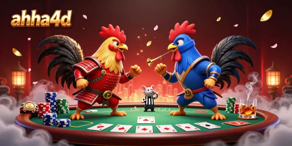 Experience dynamic gameplay at ahha4d with a dramatic standoff between two cartoon roosters amidst vibrant casino elements.