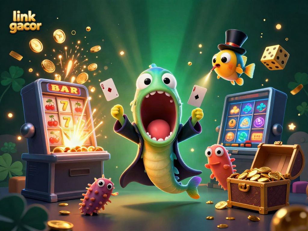 Experience excitement with the link gacor jackpot explosion, featuring vibrant casino symbols and animated sea creatures.