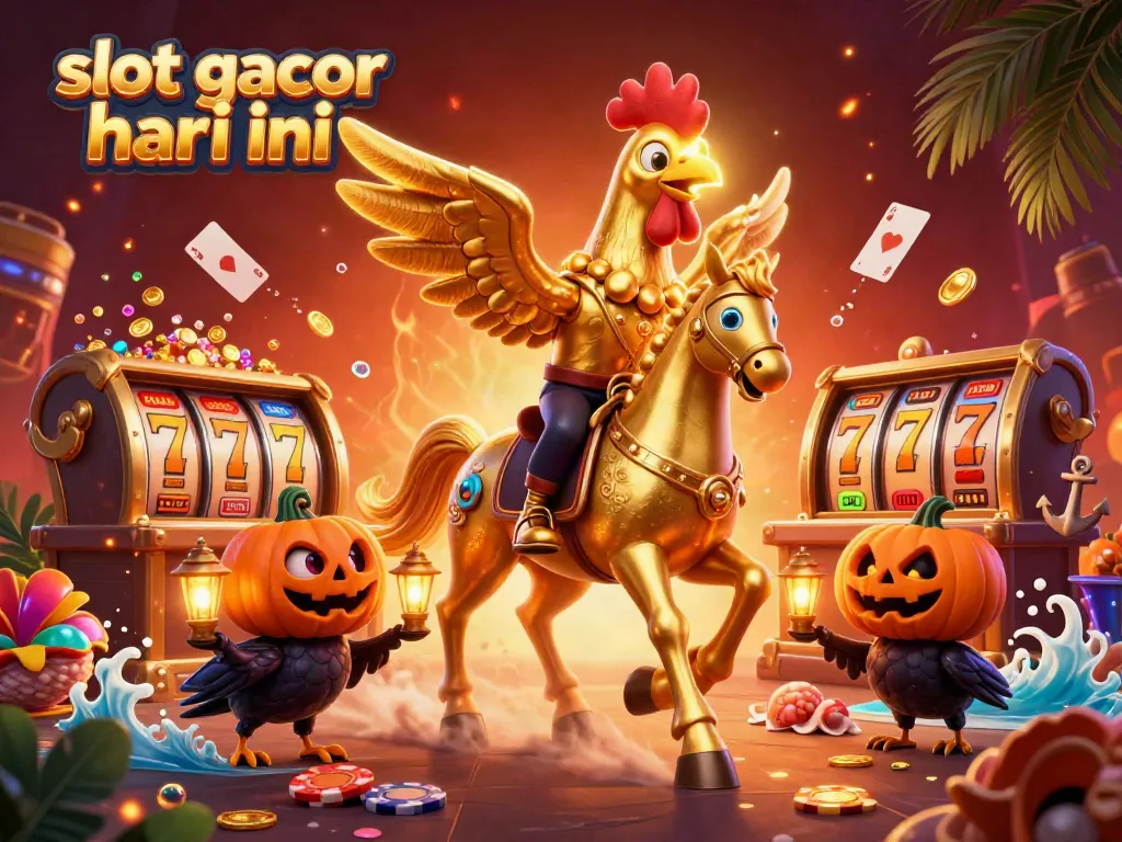Gambarlah slot gacor hari ini dengan kostum ayam emas di kasino malam hari, penuh detail menarik.