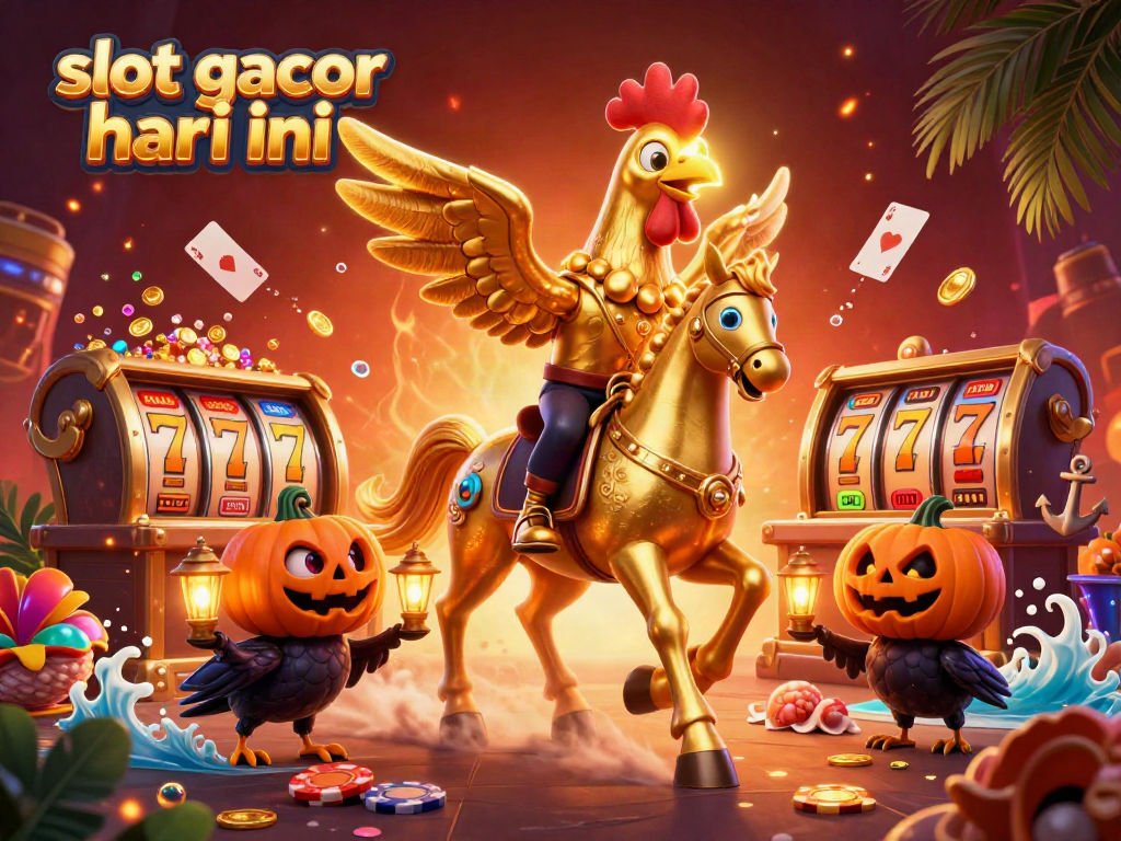 Gambarlah slot gacor hari ini dengan kostum ayam emas di kasino malam hari, penuh detail menarik.