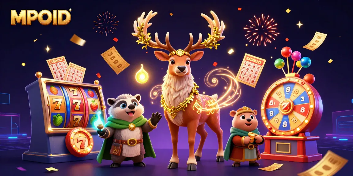 MPOID players aim for massive wins with engaging slots and vibrant casino elements in a magical scene.