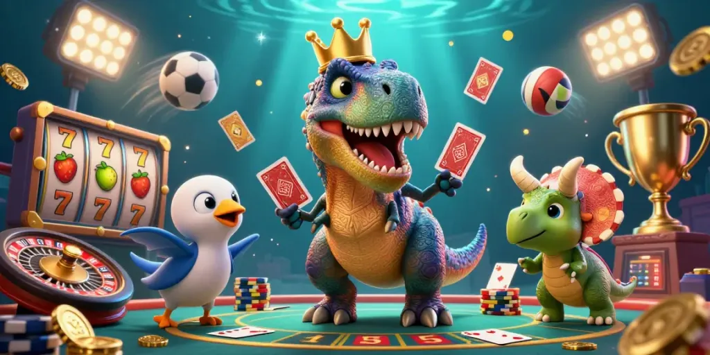 thrku's vibrant scene features a T-Rex in a crown shuffling cards with gaming elements and sports balls.