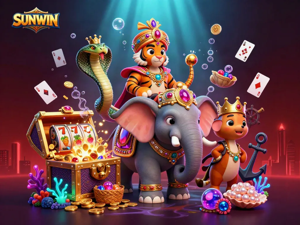 SUNWIN showcases a vibrant casino scene with a majestic tiger and elephant amidst floating slot reels and gold coins.