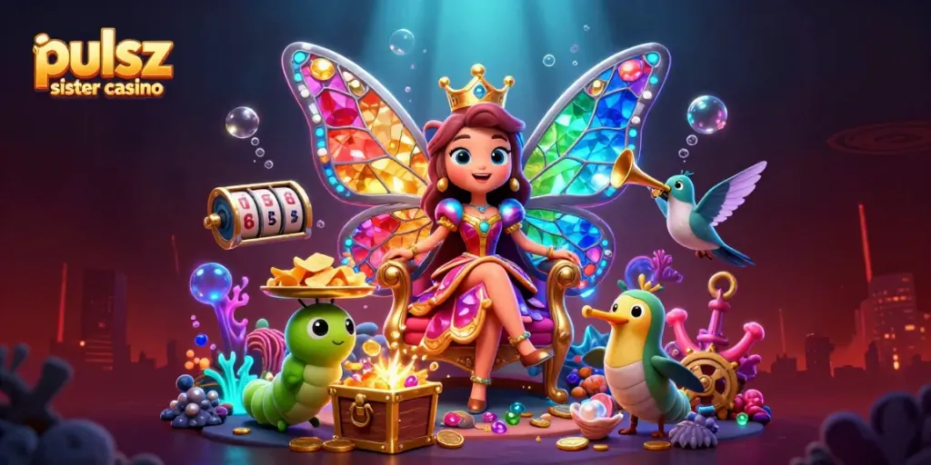 Experience the excitement of pulsz sister casino with a vibrant 3D illustration of games and fun.