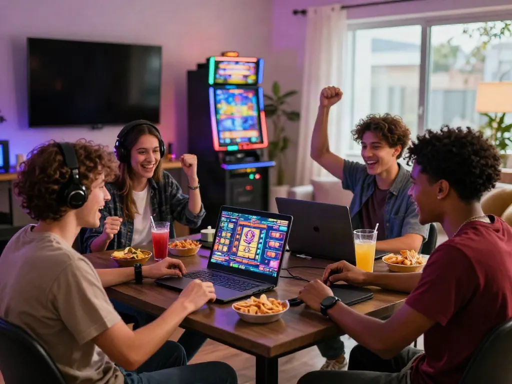 Young adults enjoying akunjp online gaming in a lively living room setting with snacks and LED lights.