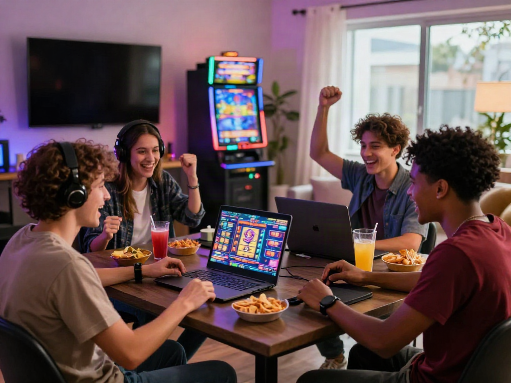 Young adults enjoying akunjp online gaming in a lively living room setting with snacks and LED lights.